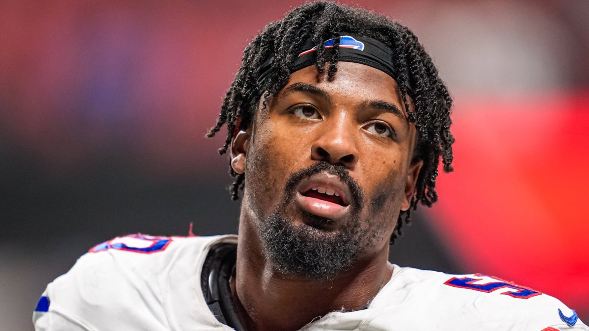 Buffalo Bills defensive end Greg Rousseau (50) on the field against the Atlanta Falcons at Mercedes-Benz Stadium.