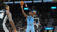 Memphis Grizzlies forward Jaren Jackson Jr. (8) shoots in the second half against the San Antonio Spurs at Frost Bank Center.