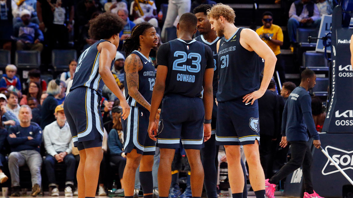 Memphis Grizzlies forward Jaylen Wells (0), guard Ja Morant (12), forward Cedric Coward (23), forward/center Jaren Jackson Jr. (8), and center Jock Landale (31) huddle during a timeout during the fourth quarter against the Detroit Pistons at FedExForum.