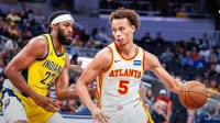 Atlanta Hawks guard Dyson Daniels (5) dribbles the ball while Indiana Pacers forward Isaiah Jackson (22) defends in the second half at Gainbridge Fieldhouse.