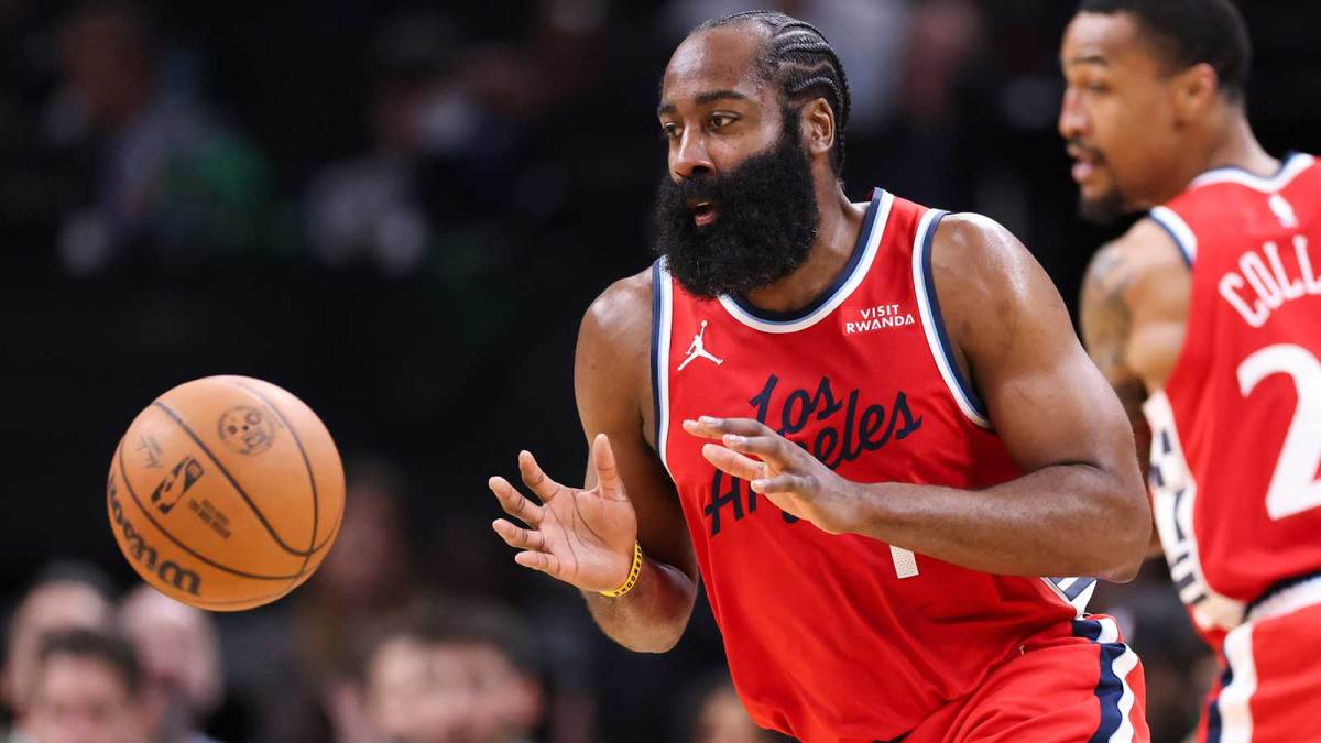 Los Angeles Clippers guard James Harden (1) catches a pass during the first half against the Boston Celtics at TD Garden
