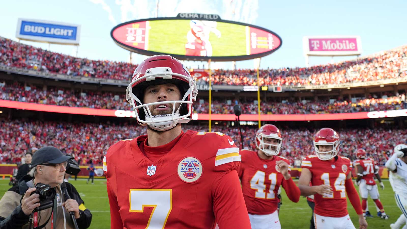 Kansas City Chiefs place kicker Harrison Butker (7) leaves the field after the game against the Indianapolis Colts at GEHA Field at Arrowhead Stadium.