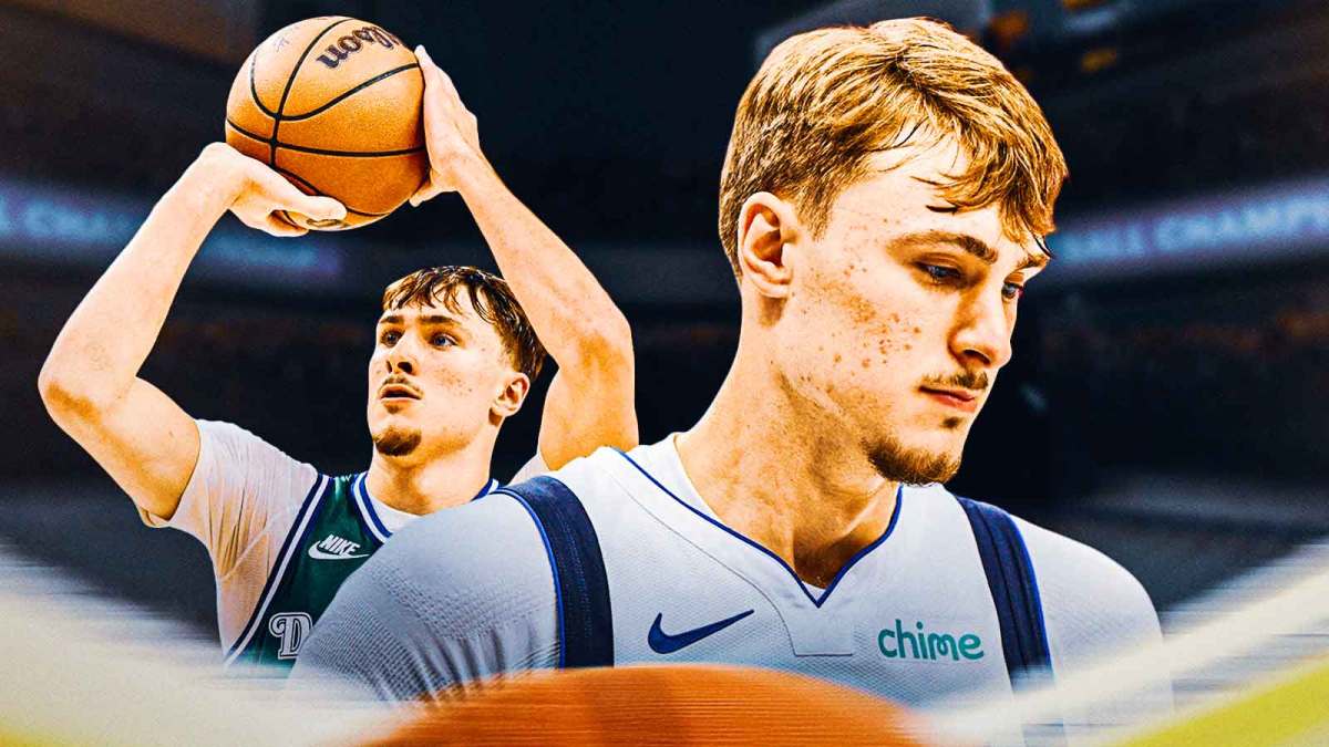 Mavericks Cooper Flagg looking serious in front of image. In background, Mavericks Cooper Flagg shooting a basketball.