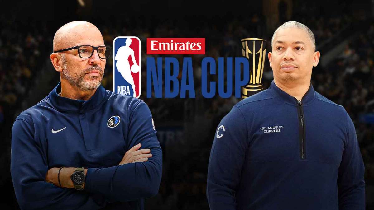 2025 NBA Cup Logo in middle. Mavericks Jason Kidd on right, Clippers Ty Lue on left.