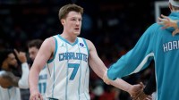 Charlotte Hornets guard Kon Knueppel (7) reacts after a three point basket during the first half against the New Orleans Pelicans at Smoothie King Center.