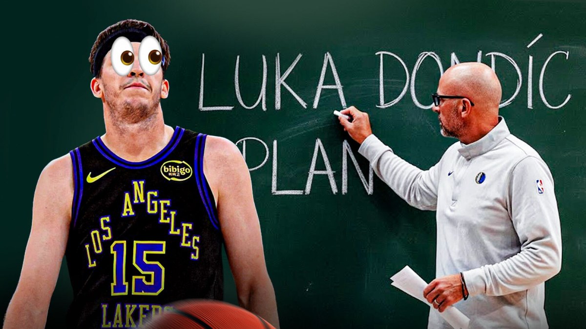 Mavericks Jason Kidd drawing on a chalkboard. Write the following words on the board: LUKA DONCIC PLAN Have Lakers Austin Reaves looking at the chalk board with cartoon eyes popping out.
