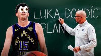 Mavericks Jason Kidd drawing on a chalkboard. Write the following words on the board: LUKA DONCIC PLAN Have Lakers Austin Reaves looking at the chalk board with cartoon eyes popping out.