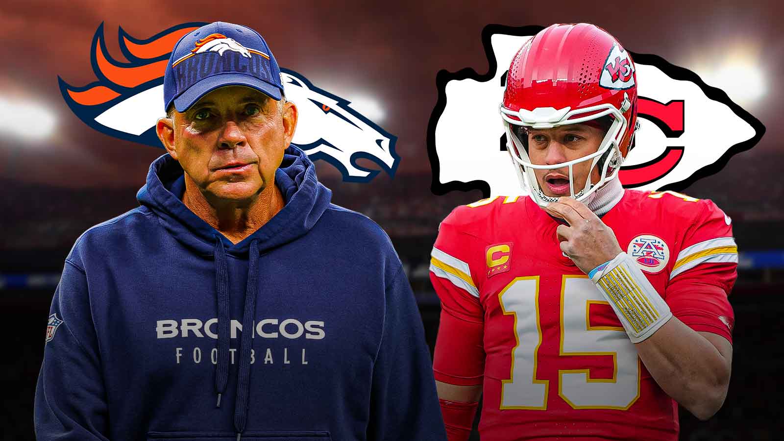 Sean Payton, Broncos logo on one side and Patrick Mahomes, Chiefs logo on the other