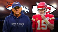 Sean Payton, Broncos logo on one side and Patrick Mahomes, Chiefs logo on the other