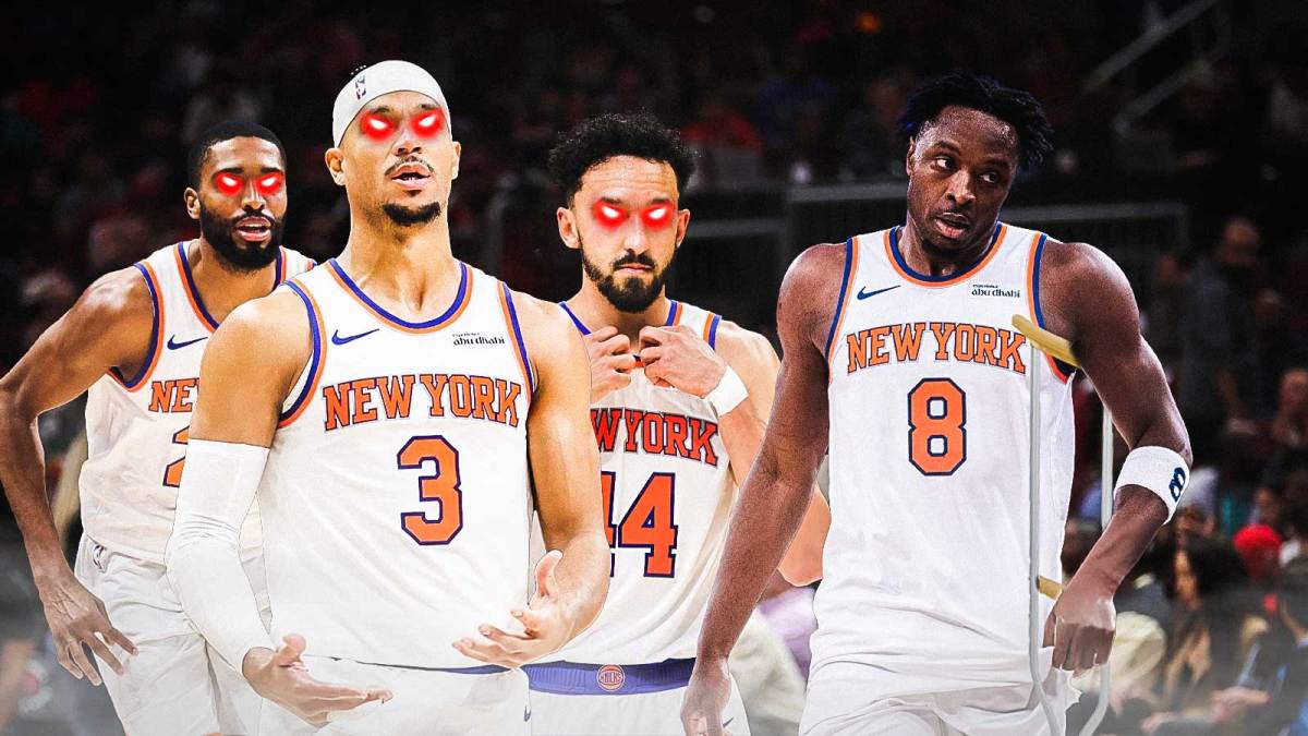 Mikal Bridges, Josh Hart, and Landry Shamet with laser eyes and OG Anunoby on crutches, in a cast, or in a hospital bed New York Knicks