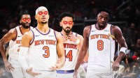 Mikal Bridges, Josh Hart, and Landry Shamet with laser eyes and OG Anunoby on crutches, in a cast, or in a hospital bed New York Knicks