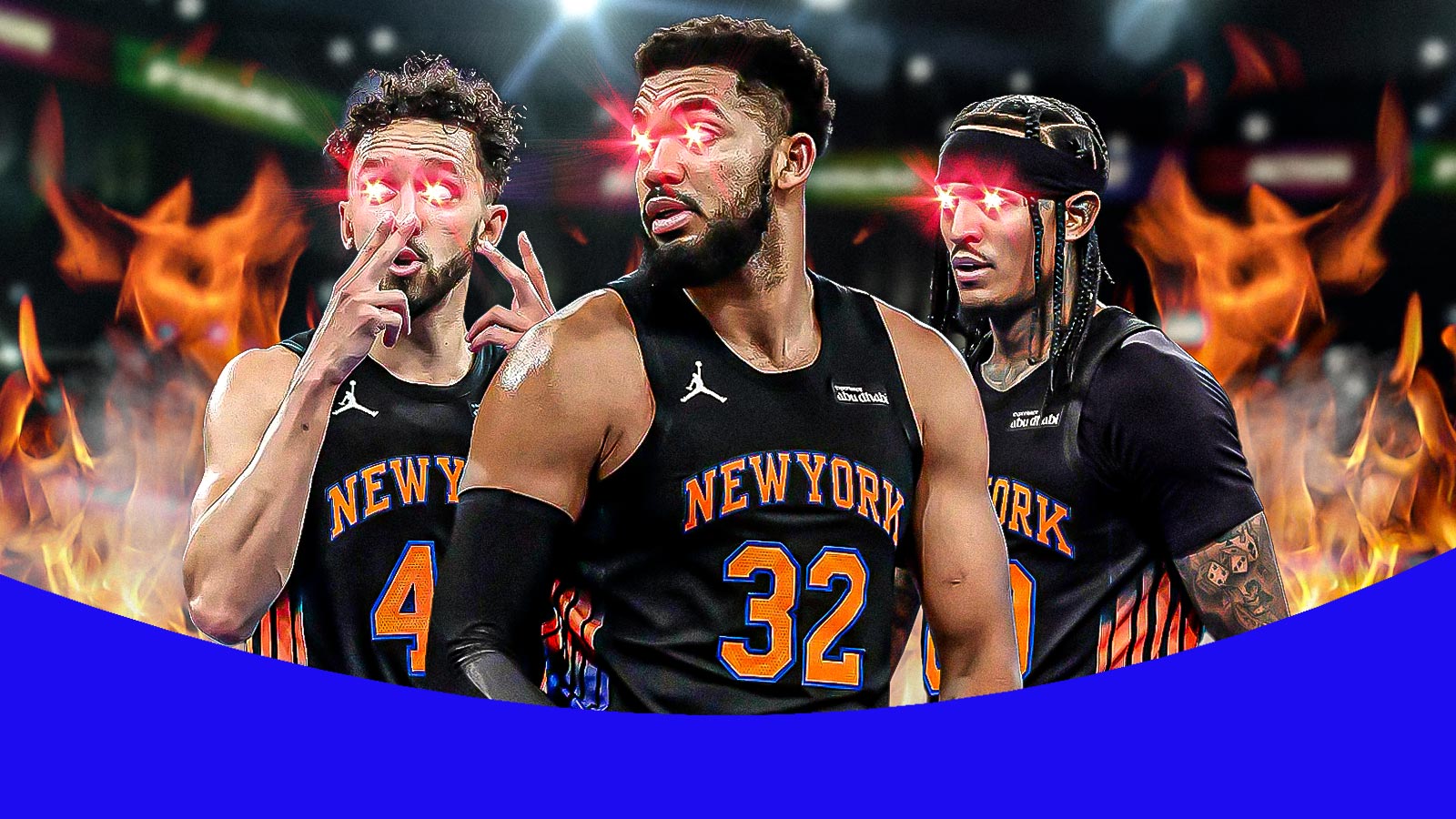 Karl-Anthony Towns, Landry Shamet, and Jordan Clarkson surrounded by fire with smoke coming off of them and laser eyes on all of them