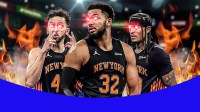Karl-Anthony Towns, Landry Shamet, and Jordan Clarkson surrounded by fire with smoke coming off of them and laser eyes on all of them