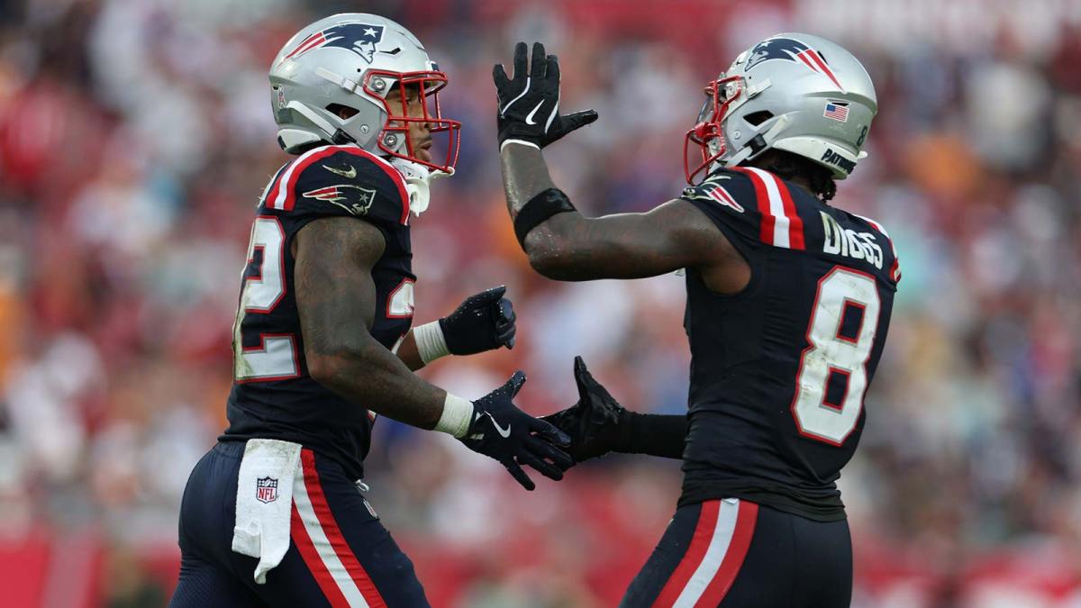 New England Patriots running back Treveyon Henderson (32) and wide receiver Stefon Diggs (8) celebrate a touchdown during the third quarter against the Tampa Bay Buccaneers at Raymond James Stadium.