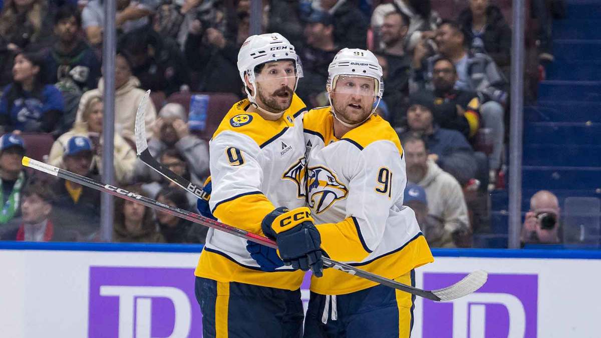 Nashville Predators forward Filip Forsberg (9) and forward Steven Stamkos (91) celebrate Stamkos’ second goal against the Vancouver Canucks during the second period at Rogers Arena.