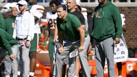 Miami Hurricanes head coach Mario Cristobal looks on from the sidelines during the second half against the SMU Mustangs at Gerald J. Ford Stadium.