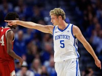 Kentucky Wildcats guard Collin Chandler (5) reacts after making a basket during the first half against the Nicholls Colonels at Rupp Arena at Central Bank Center.