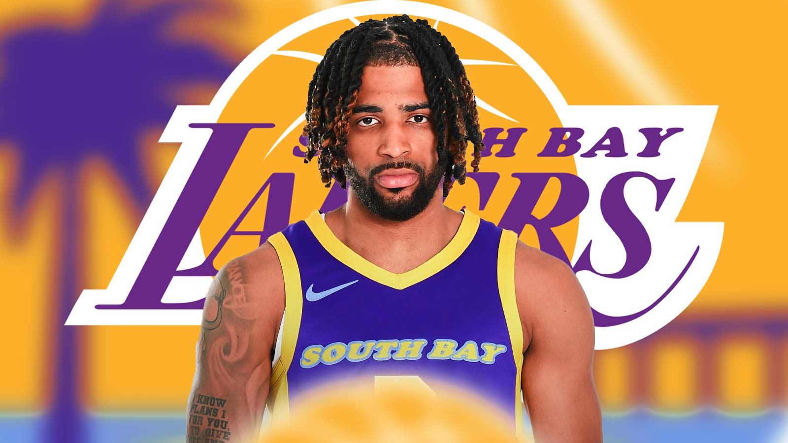 NBA player RJ Davis in a South Bay Lakers jersey with the South Bay Lakers logo in the background