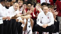 Indiana Hoosiers head coach Darian Devries is seen during the first half against the Lindenwood Lions at Simon Skjodt Assembly Hall.