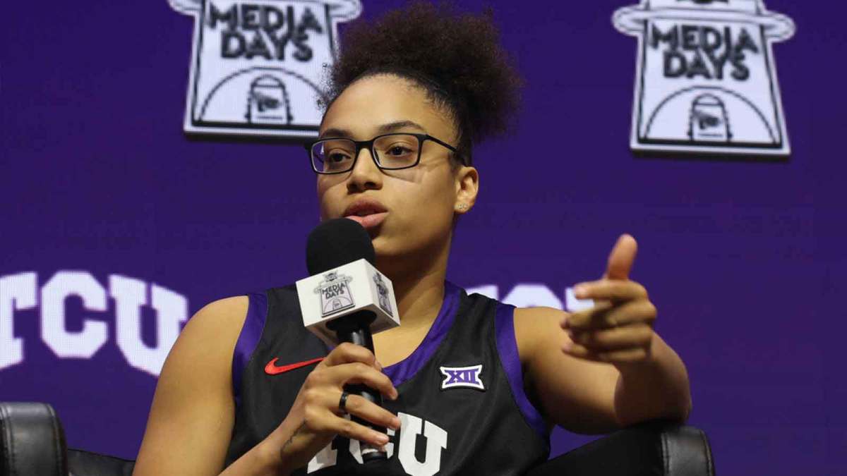 TCUís Olivia Miles speaks to media during Big 12 Womenís Basketball Media Day at T-Mobile Center.