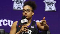 TCUís Olivia Miles speaks to media during Big 12 Womenís Basketball Media Day at T-Mobile Center.