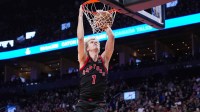 Gradey Dick (1) of the Toronto Raptors dunks the ball against the Washington Wizards during the second half at Scotiabank Arena.