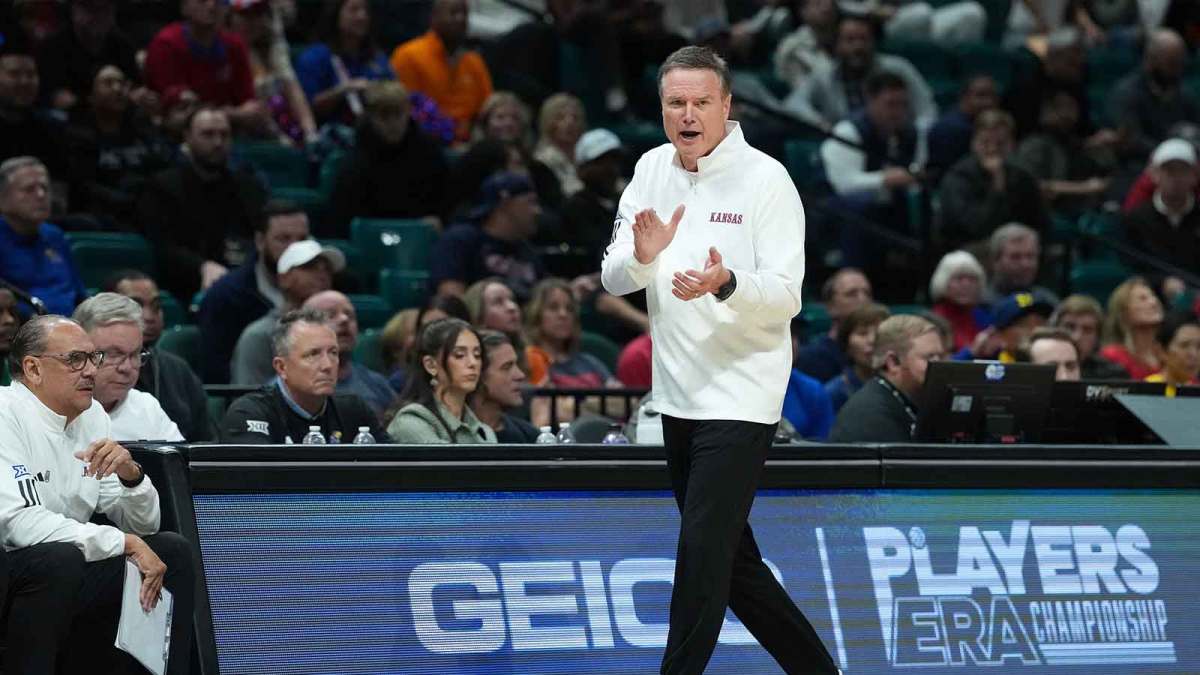 Kansas Jayhawks head coach Bill Self reacts in the second half against the Tennessee Volunteers in the 2025 Players Era Festival third place game at MGM Grand Garden Arena.