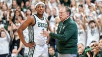 Michigan State's coach Tom Izzo, right, talks with Jeremy Fears Jr. during the first half against Colgate on Monday, Nov. 3, 2025, at the Breslin Center in East Lansing.