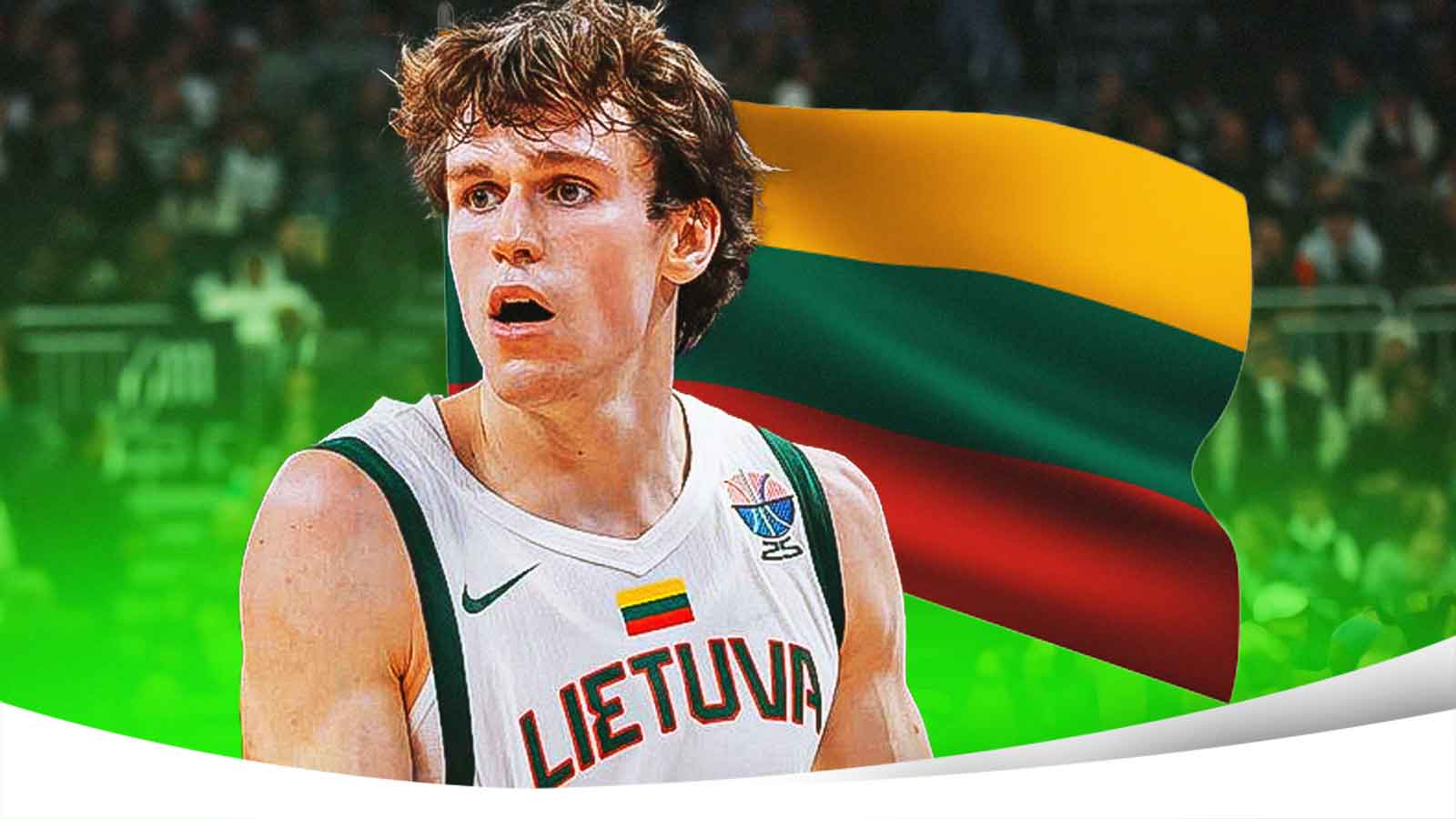 Lithuania basketball player Ignas Sargiunas with the Lithuanian flag in the background, FIBA World Cup Great Britain