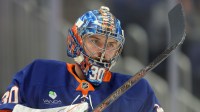 New York Islanders goaltender Ilya Sorokin (30) tends net against against the Boston Bruins during the first period at UBS Arena