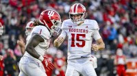 Indiana Hoosiers quarterback Fernando Mendoza (15) celebrates with running back Roman Hemby (1) after scoring a touchdown during the second half against the Maryland Terrapins at SECU Stadium.