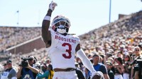 ; Indiana Hoosiers wide receiver Omar Cooper Jr. (3) reacts after a touchdown reception against the Iowa Hawkeyes during the first quarter at Kinnick Stadium.
