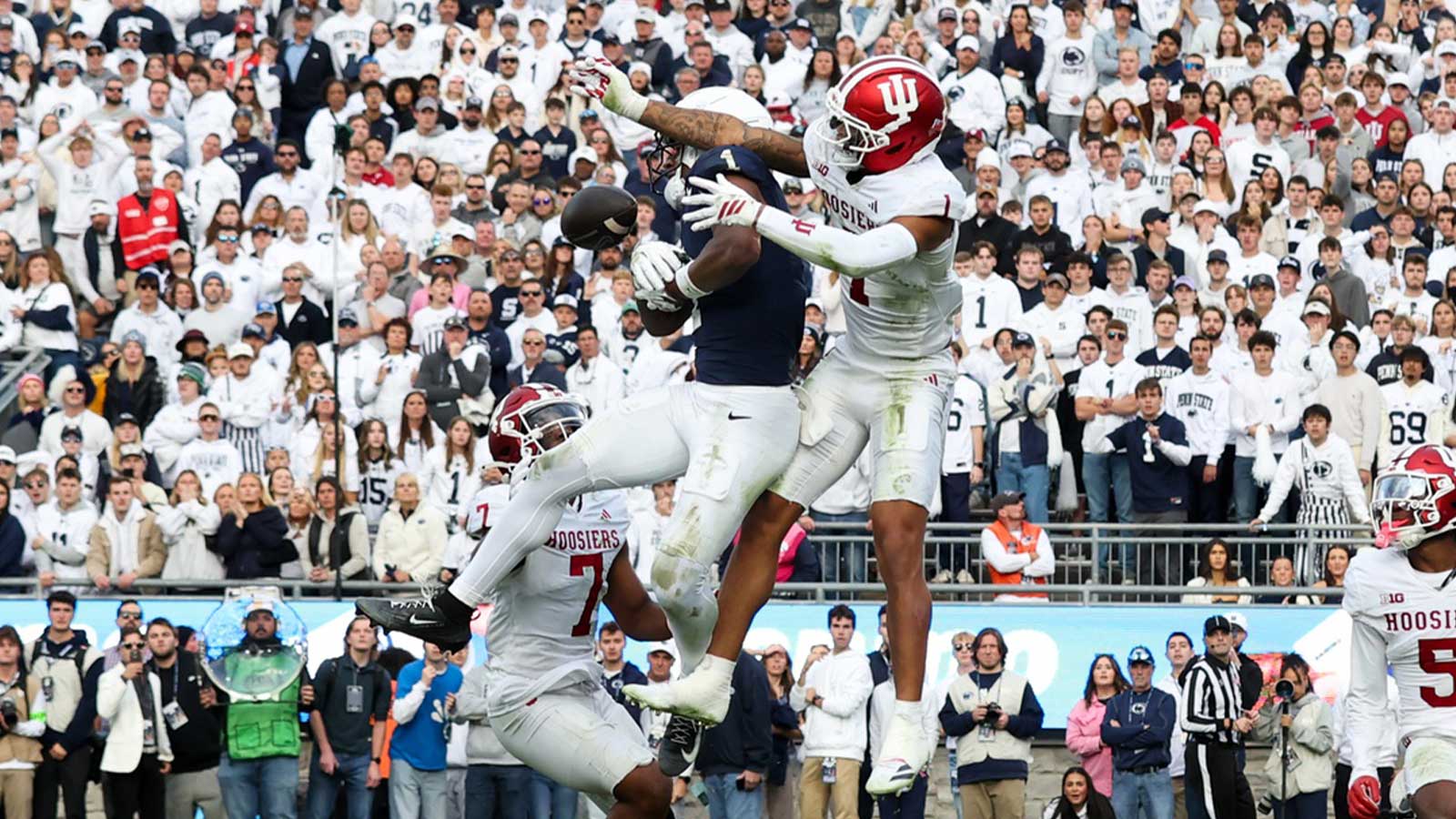 Penn State Nittany Lions wide receiver Kyron Hudson (1) attempts to catch a “Hail Mary” pass during the fourth quarter against the Indiana Hoosiers at Beaver Stadium.