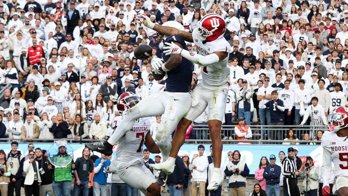 Penn State Nittany Lions wide receiver Kyron Hudson (1) attempts to catch a “Hail Mary” pass during the fourth quarter against the Indiana Hoosiers at Beaver Stadium.