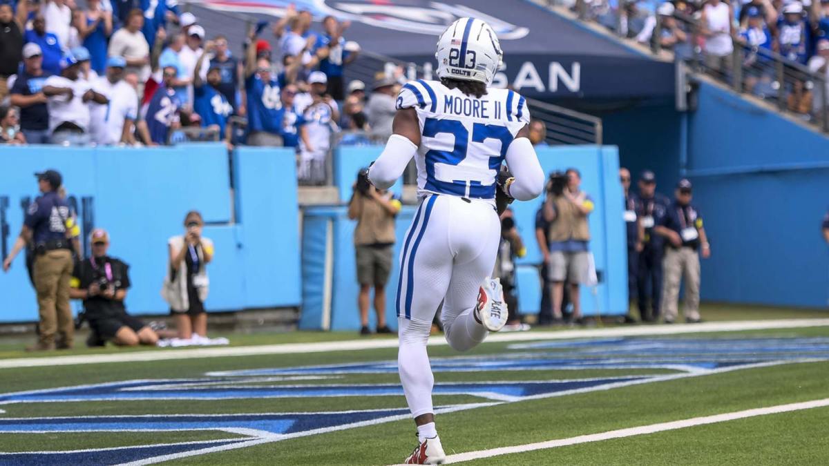 Indianapolis Colts cornerback Kenny Moore II (23) intercepts a pass for a pick six during the first quarter at Nissan Stadium.