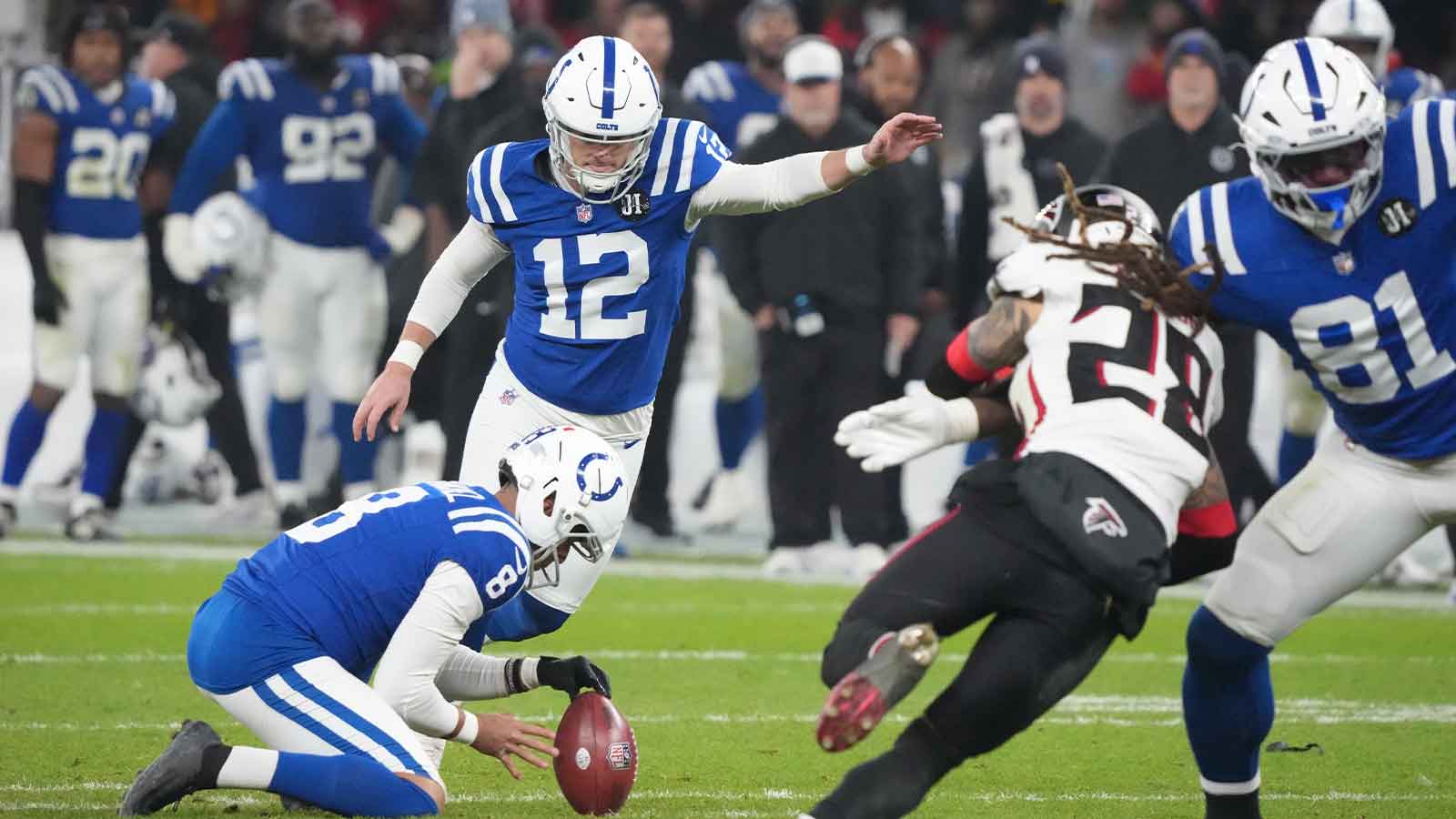 Indianapolis Colts place kicker Michael Badgley (12) kicks a field goal against the Atlanta Falcons