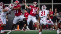 Indiana's Fernando Mendoza (15) passes during the Indiana versus Wisconsin football game at Memorial Stadium on Saturday, Nov. 15, 2025.