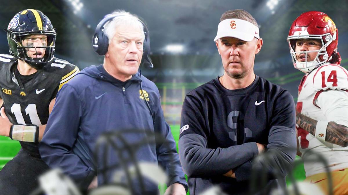 Mark Gronowski and Kirk Ferentz on the left, Jayden Maiava and Lincoln Riley on the right.