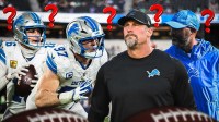 Detroit Lions head coach Dan Campbell with GM Brad Holmes, QB Jared Goff, and EDGE Aidan Hutchinson. They are surrounded by question mark emojis.