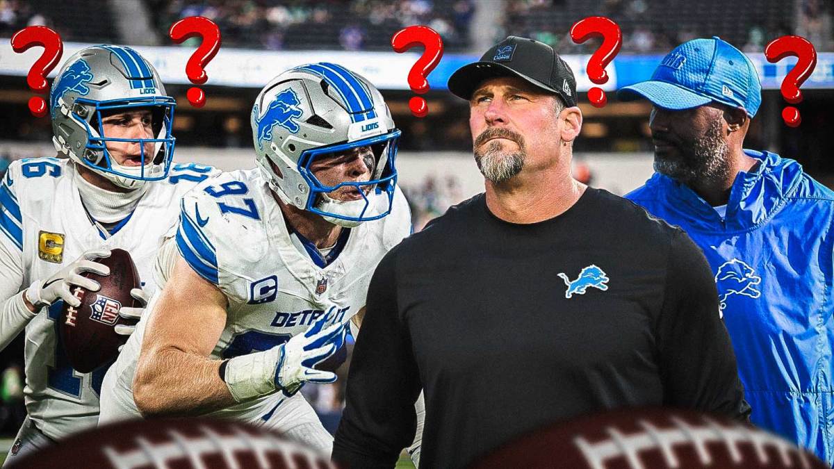 Detroit Lions head coach Dan Campbell with GM Brad Holmes, QB Jared Goff, and EDGE Aidan Hutchinson. They are surrounded by question mark emojis.