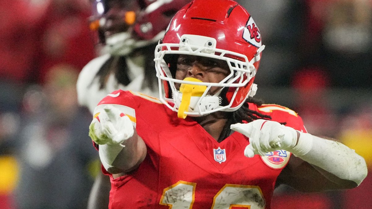 Kansas City Chiefs running back Isiah Pacheco (10) reacts after a play against the Washington Commanders during the fourth quarter of the game at GEHA Field at Arrowhead Stadium.