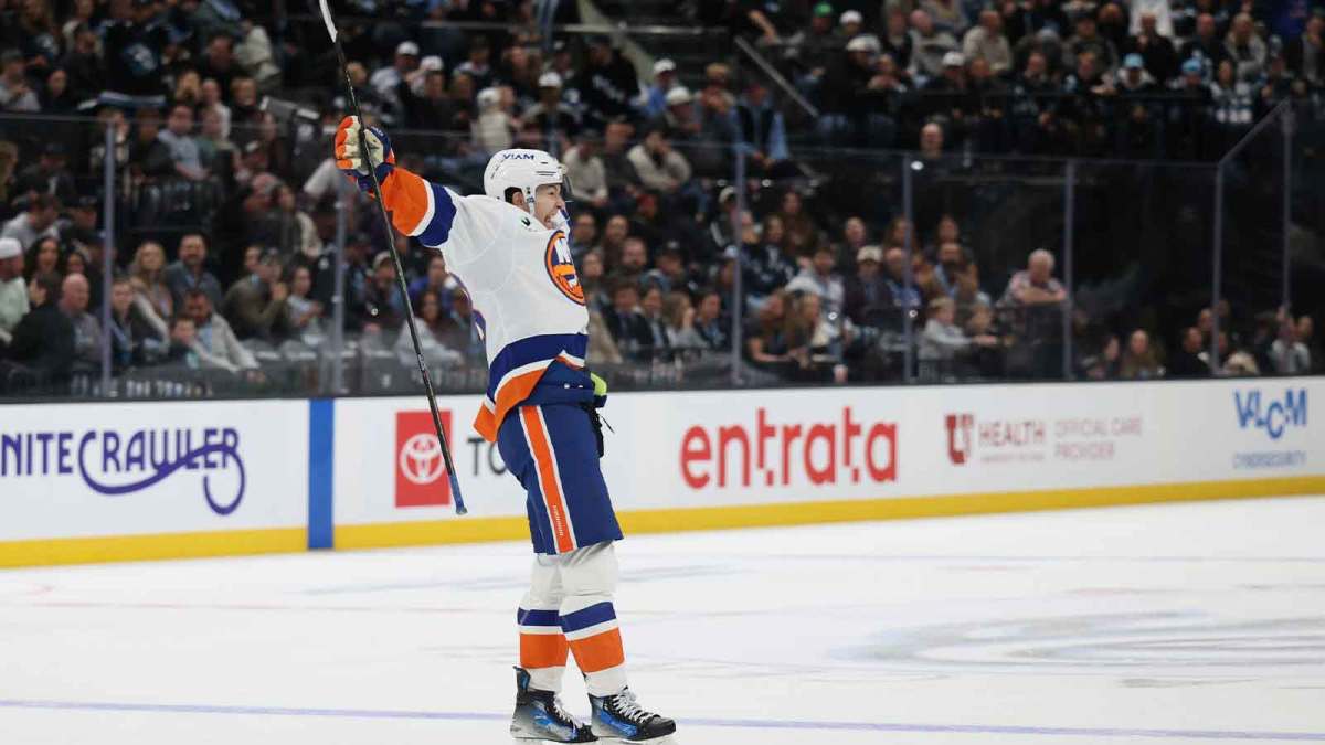 New York Islanders defenseman Matthew Schaefer (48) reacts to scoring the game winning goal against the Utah Mammoth during overtime at Delta Center.