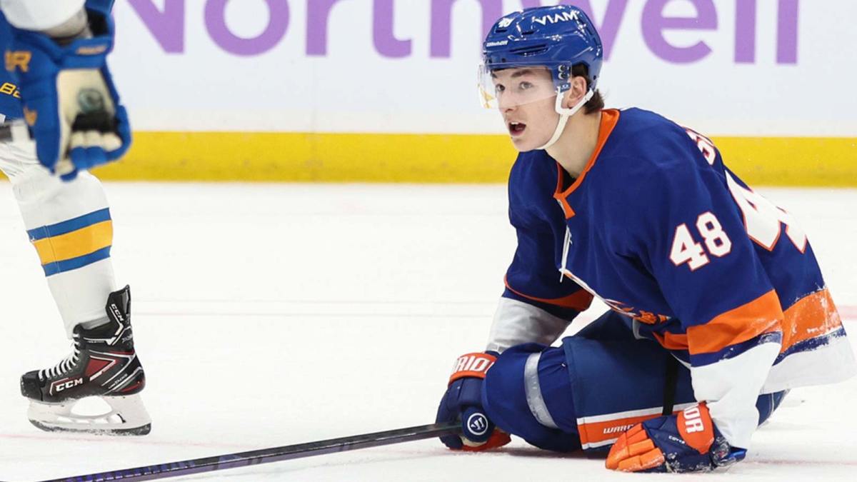 New York Islanders defenseman Matthew Schaefer (48) reacts after missing a shot on goal in the second period against the St. Louis Blues at UBS Arena.