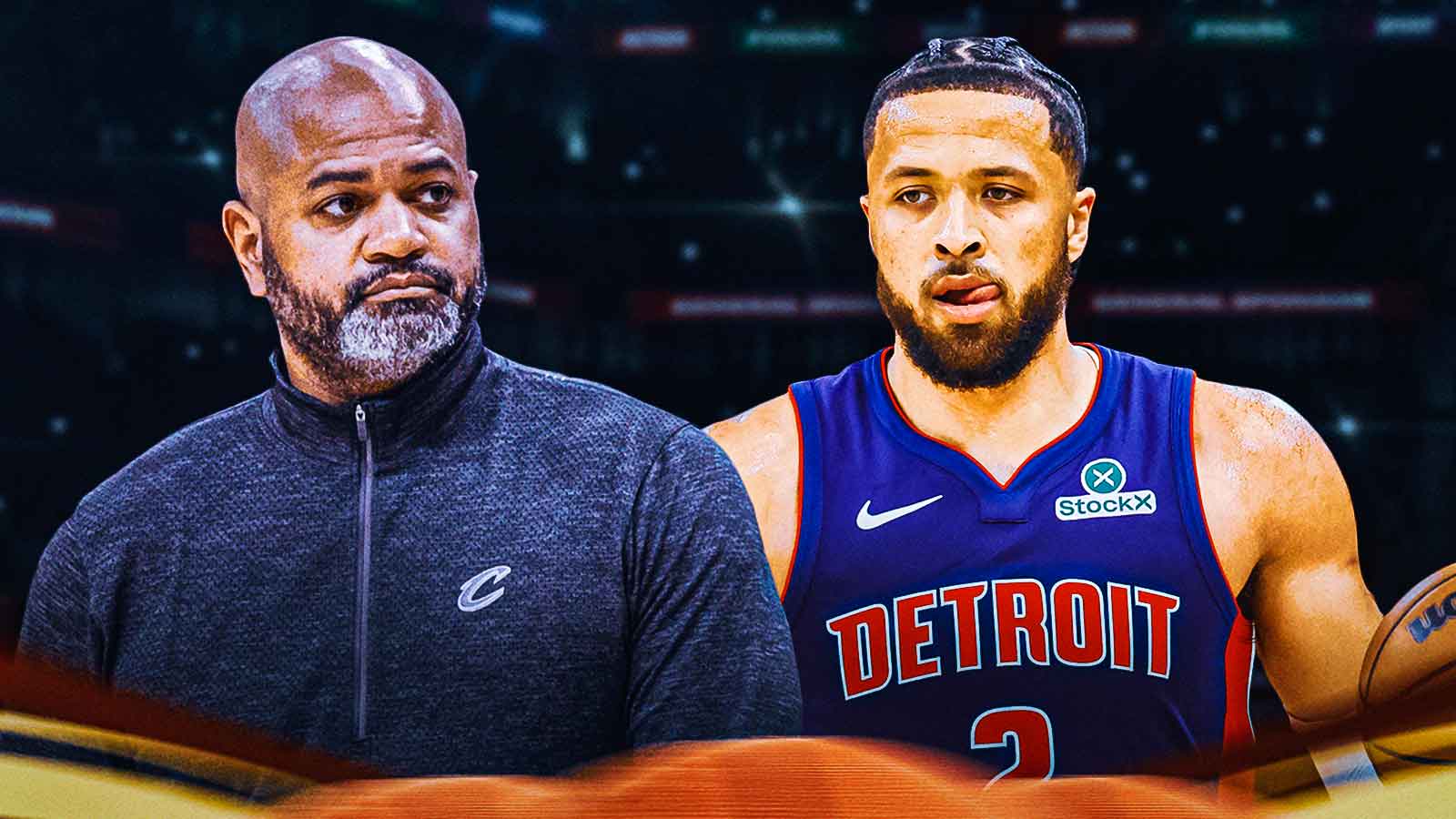 Pistons' JB Bickerstaff with Cade Cunningham on court