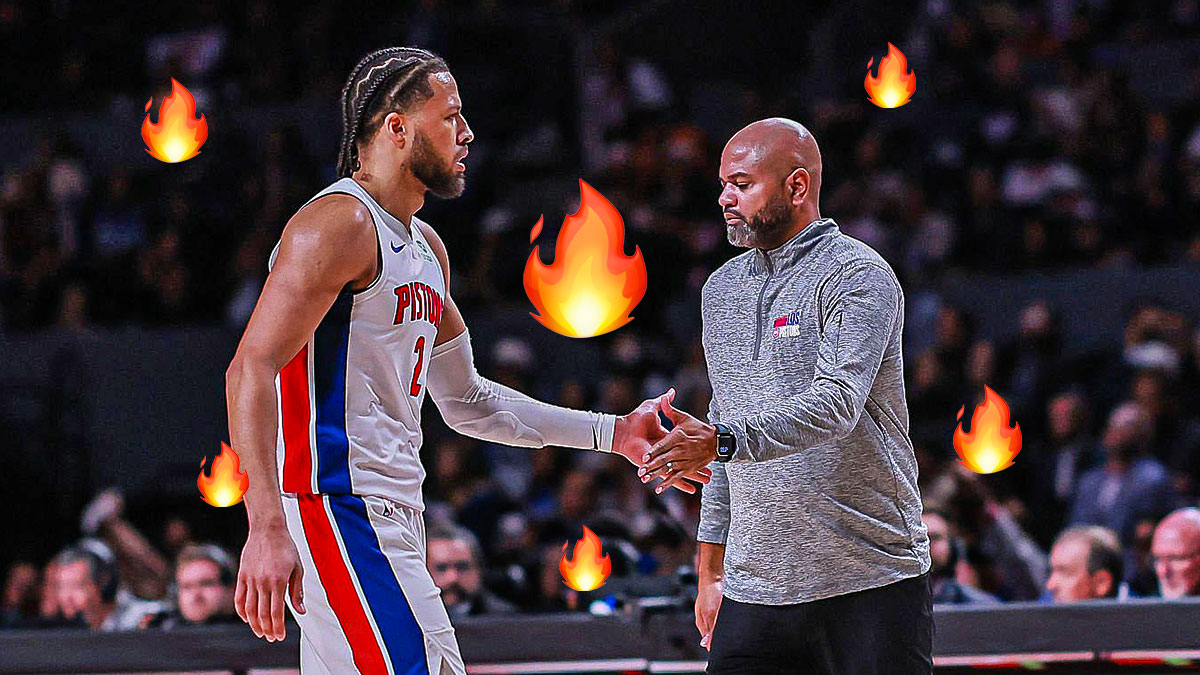Pistons' JB Bickerstaff with Cade Cunningham and flame emojis around