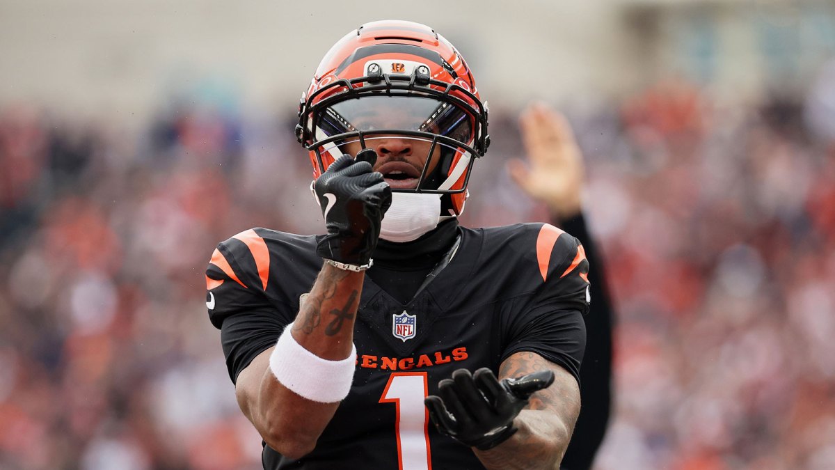 Cincinnati Bengals wide receiver Ja'Marr Chase (1) celebrates after scoring a touchdown against the Chicago Bears during the second quarter at Paycor Stadium.