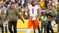 Cincinnati Bengals wide receiver Ja'Marr Chase (1) is pushed out of a skirmish at midfield in the fourth quarter of the NFL Week 11 game between the Pittsburgh Steelers and the Cincinnati Bengals at Acrisure Stadium in Pittsburgh on Sunday,