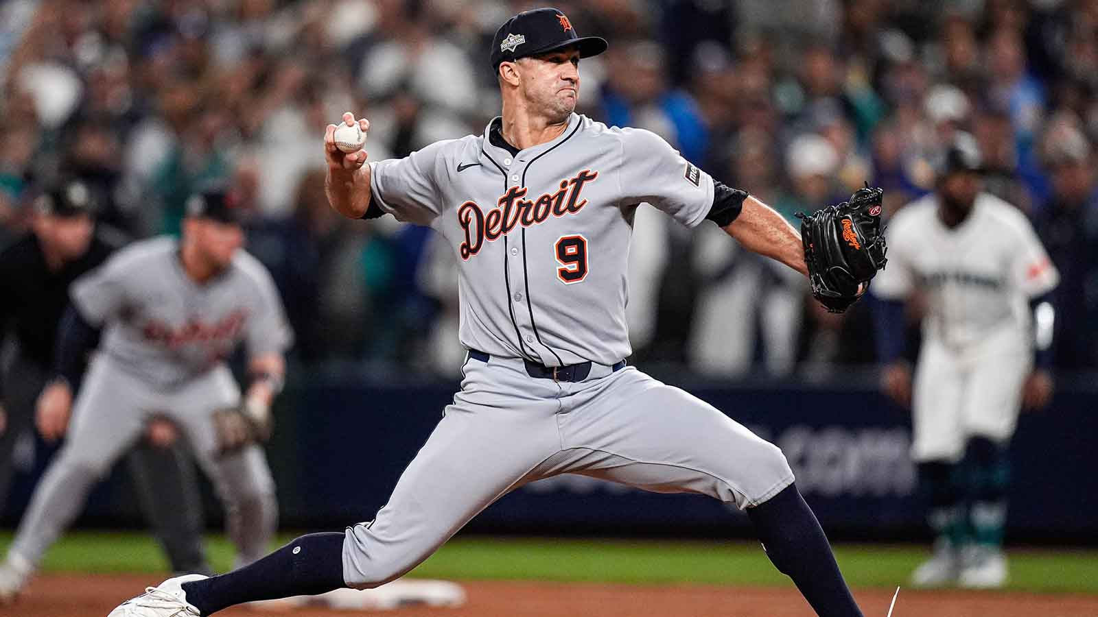 Detroit Tigers pitcher Jack Flaherty (9) throws against Seattle Mariners during the thirteenth inning during ALDS Game 5 at T-Mobile Park in Seattle on Friday, Oct. 10, 2025.