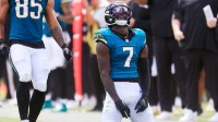 Jacksonville Jaguars wide receiver Brian Thomas Jr. (7) reacts to a dropped pass during the first quarter of an NFL football matchup at EverBank Stadium, Sunday, Sept. 21, 2025, in Jacksonville, Fla. The Jaguars defeated the Texans 17-10.