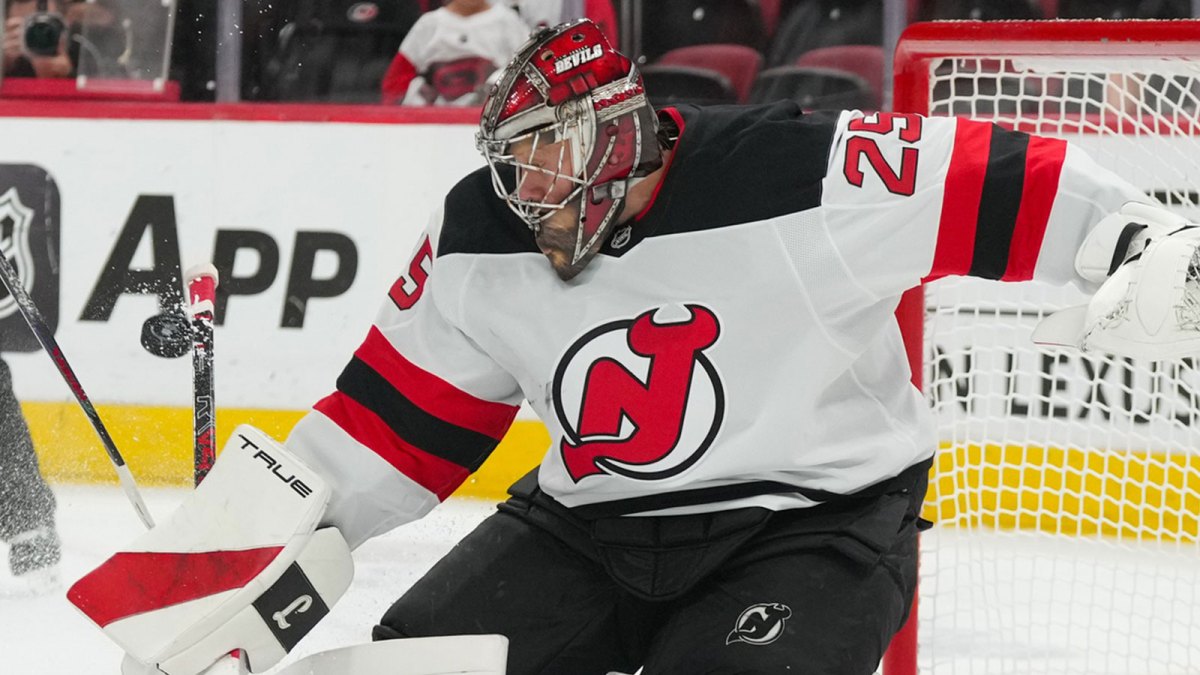 New Jersey Devils goaltender Jacob Markstrom (25) stops the shot against the Carolina Hurricanes during the during the third period at Lenovo Center.